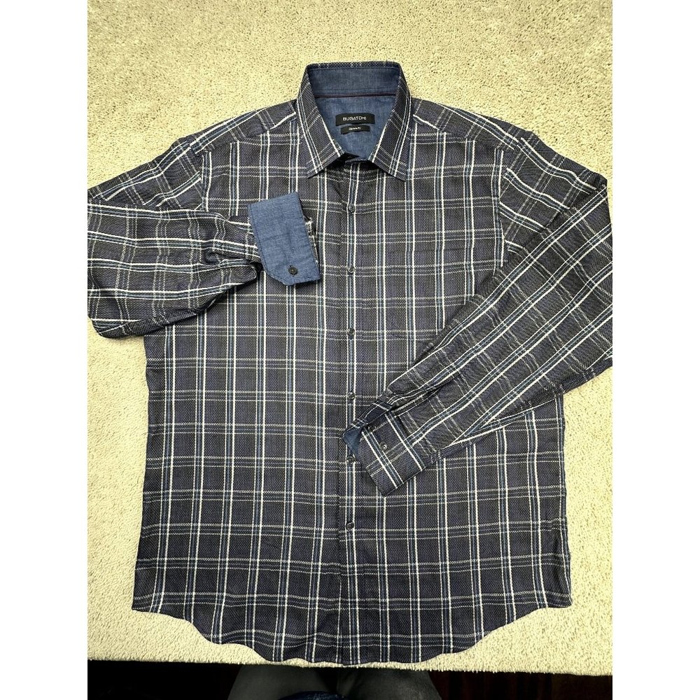 Bugatchi men's plaid‎ long sleeve button down shirt blue and white Size Medium